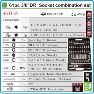 Гедоре, шестостен 61ч. на 3/8", вложки 6-24mm + Hex, Torx, PH, PZ к-т, Force, 3611-5