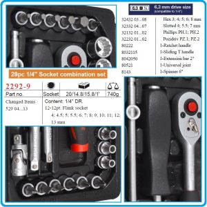Гедоре, дванадесетостен 29ч. на 1/4", вложки 4-13mm + Hex, SL, PH, PZ к-т, Force, 2292-9