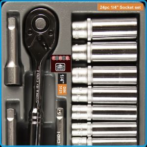 Гедоре, шестостен 24ч. на 1/4", вложки къси и дълги 4-13mm к-т, Force, 2253