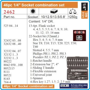 Гедоре, шестостен 46ч. на 1/4", вложки 4-14mm + Torx, Hex, SL, PH, PZ к-т, Force, 2462