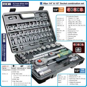 Гедоре, шестостен 68ч. на 1/4" и 1/2", вложки 4-32mm + Torx - PH, к-т, Force, 4682-5