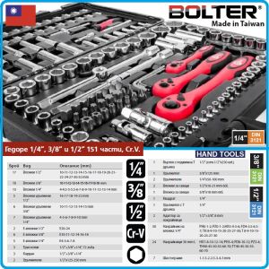 Гедоре, шестостен 151ч. на 1/4", 3/8" и 1/2", вложки 4-32mm + E-Torx - PZ, к-т, Bolter, 99081