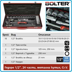 Гедоре, шестостен 24ч. на 1/2", вложки 10-32mm + 20.6mm к-т, Bolter, 54284