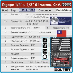 Гедоре 61ч. вложки шестостен 4-32mm на 1/4" и 1/2" и ключове 8-19mm,  инструменти к-т, Bolter, 99080