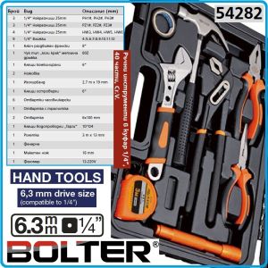 Инструменти к-т, гедоре 40ч. на 1/4", вложки от 4-12mm, клещи, отвертки и ключ раздвижен, Bolter, 54282