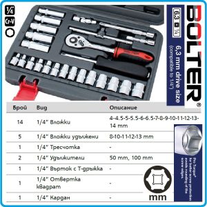 Гедоре, шестостен 25ч. на 1/4", вложки къси и дълги от 4-14mm, Bolter, 53145