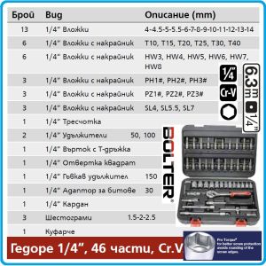 Гедоре, шестостен 46ч. на 1/4", вложки 4-14mm + Torx, Hex, SL, PH, PZ к-т, Bolter, 53146