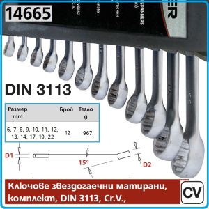 Ключове звездогаечни, ковани сатен/мат, DIN3113, к-т, 12 части, CrV, от 6-22mm, Bolter, 14665.