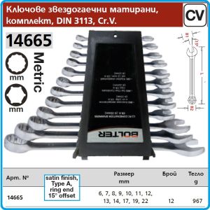 Ключове звездогаечни, ковани сатен/мат, DIN3113, к-т, 12 части, CrV, от 6-22mm, Bolter, 14665.