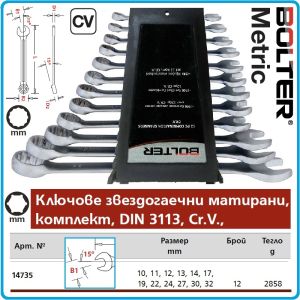 Ключове звездогаечни, ковани сатен/мат, DIN3113, к-т, 12 части, CrV, от 10-32mm, Bolter, 14735.